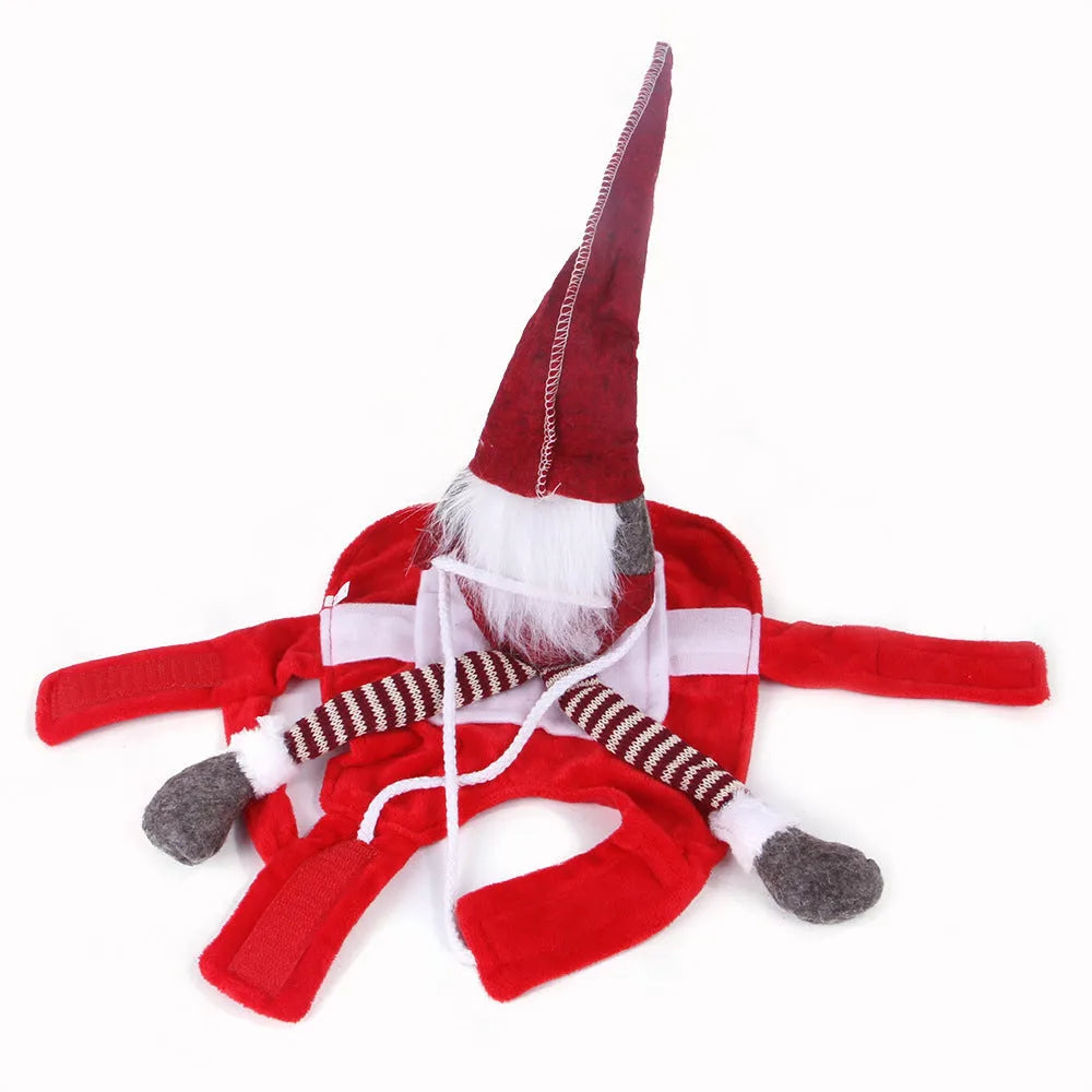 Red flannel Santa riding outfit costume for a dog or cat with Velcro straps.