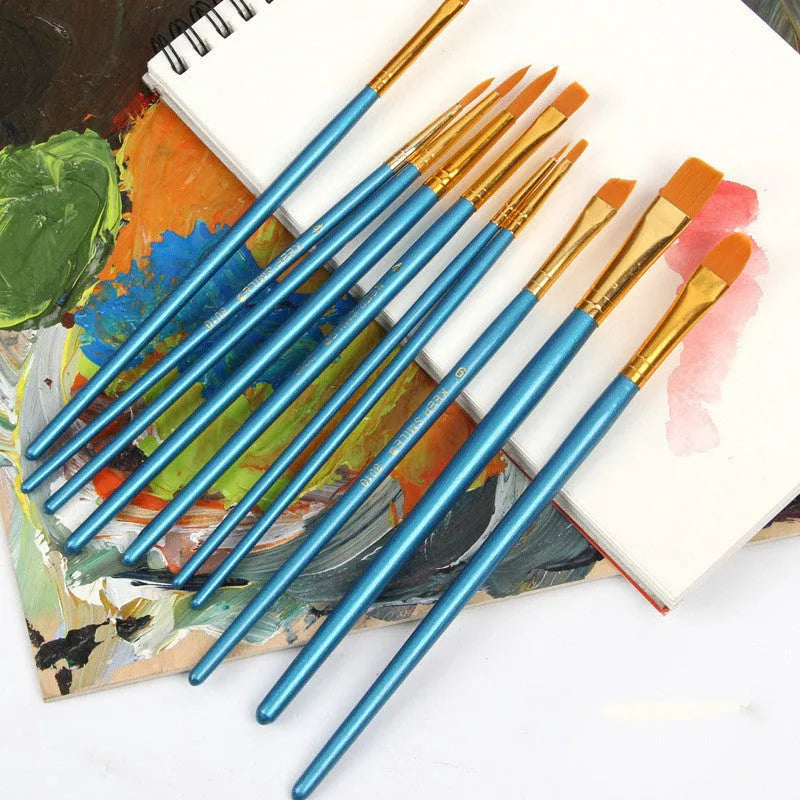 Blue wooden handle gouache brush set containing 10 paintbrushes for watercolour and oil painting