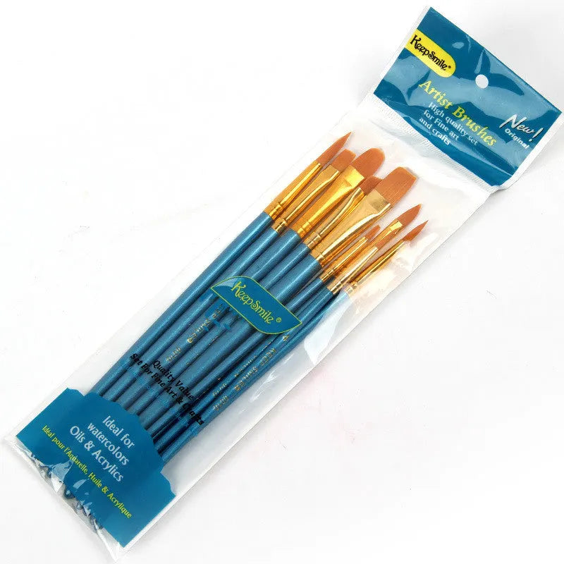 Blue wooden handle gouache brush set containing 10 paintbrushes for watercolour and oil painting