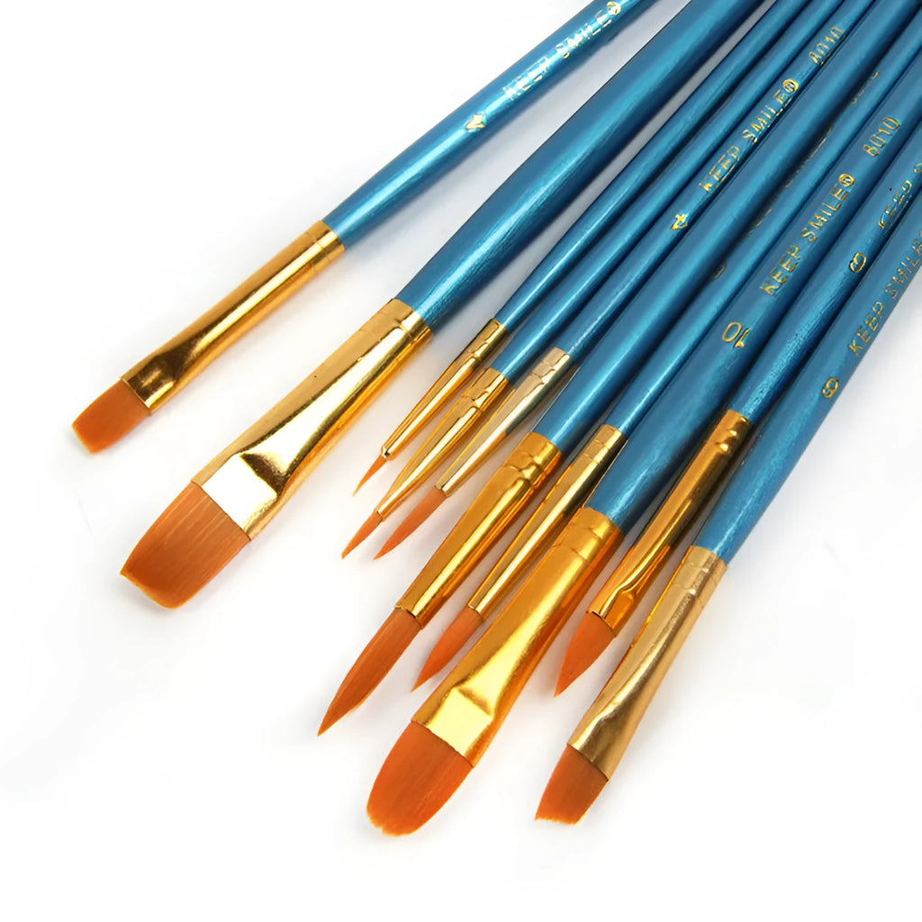 Blue wooden handle gouache brush set containing 10 paintbrushes for watercolour and oil painting
