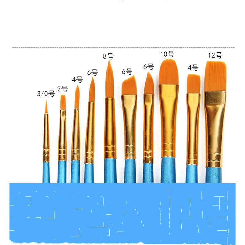 Blue wooden handle gouache brush set containing 10 paintbrushes for watercolour and oil painting
