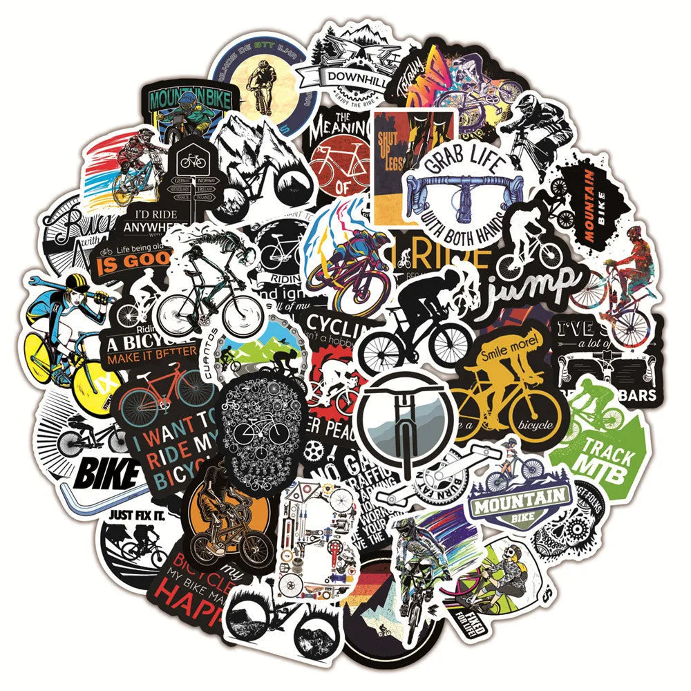 Bicycle doodle stickers pack with 50 self-adhesive decals showing bicycle and mountain bike designs