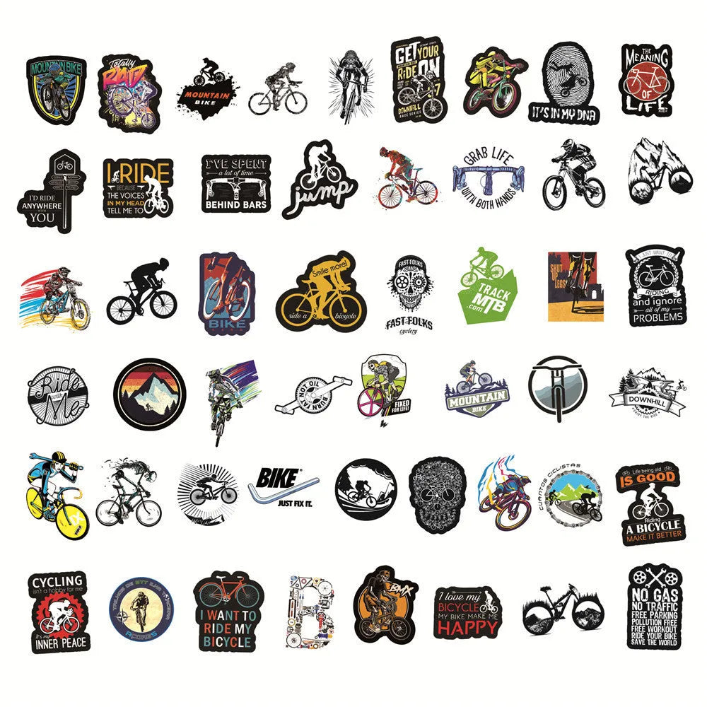 Bicycle doodle stickers pack with 50 self-adhesive decals showing bicycle and mountain bike designs