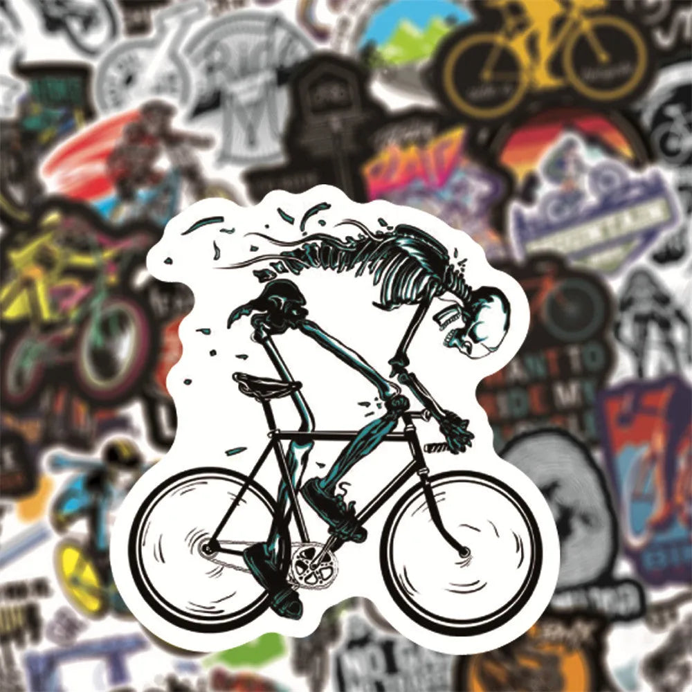 Bicycle doodle stickers pack with 50 self-adhesive decals showing bicycle and mountain bike designs