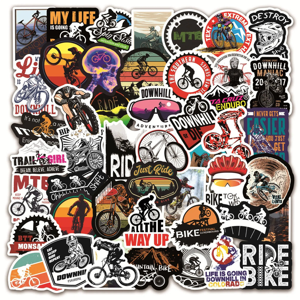 Bicycle doodle stickers pack with 50 self-adhesive decals showing bicycle and mountain bike designs