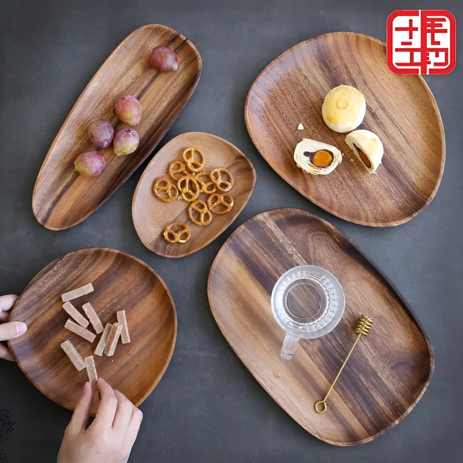 Natural acacia wood Japanese snack plate hand polished in multiple sizes.