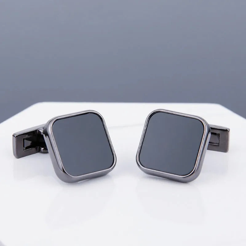 Men's copper cufflinks with black face, grey electroplated geometric design and sleeve stud fitting
