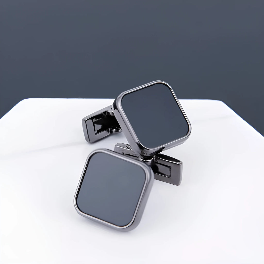 Men's copper cufflinks with black face, grey electroplated geometric design and sleeve stud fitting