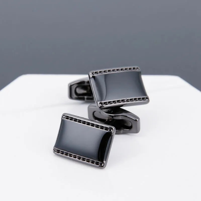 Men's copper cufflinks with black face, grey electroplated geometric design and sleeve stud fitting
