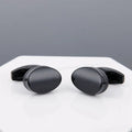 Men's copper cufflinks with black face, grey electroplated geometric design and sleeve stud fitting