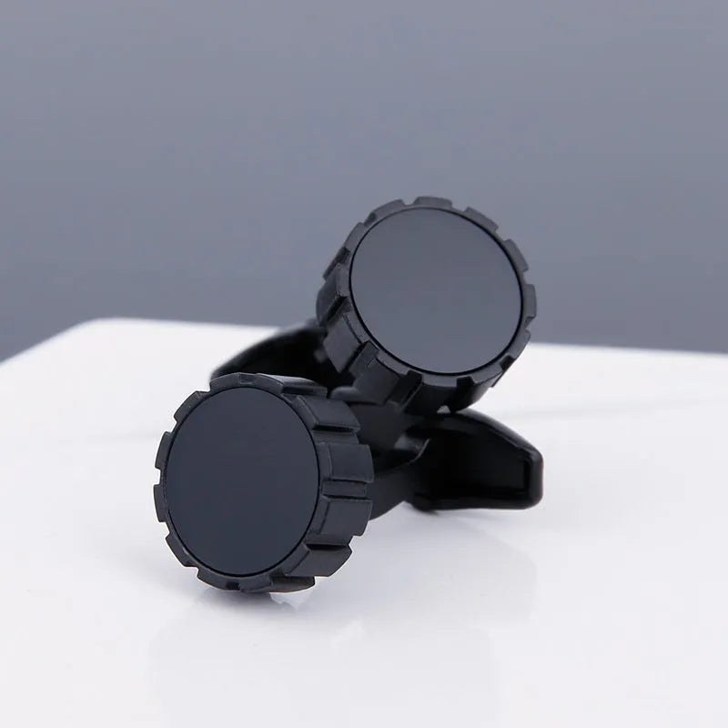Men's copper cufflinks with black face, grey electroplated geometric design and sleeve stud fitting