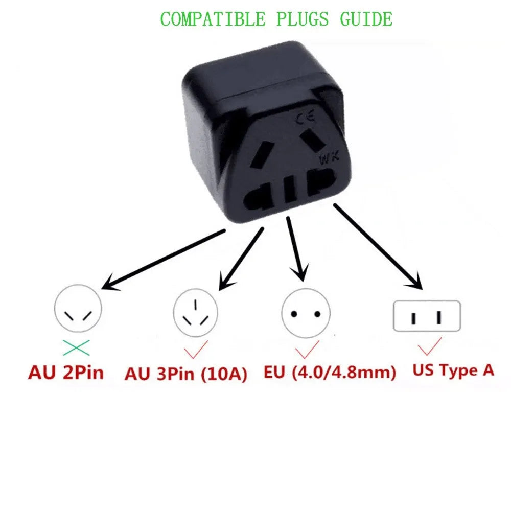 Square three plug power conversion adapter in black or white with five outputs and standard grounding