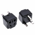 Square three plug power conversion adapter in black or white with five outputs and standard grounding