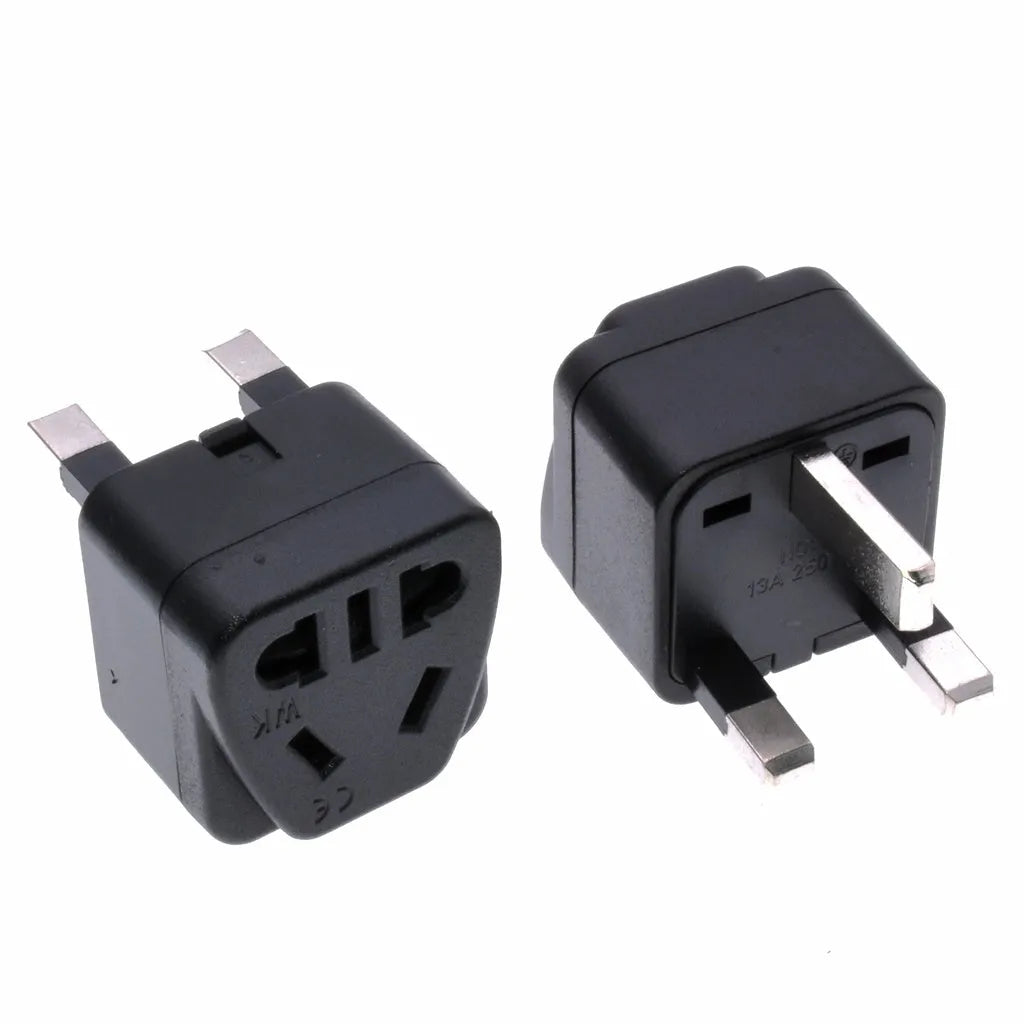 Square three plug power conversion adapter in black or white with five outputs and standard grounding