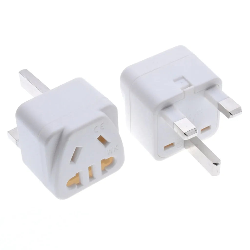 Square three plug power conversion adapter in black or white with five outputs and standard grounding