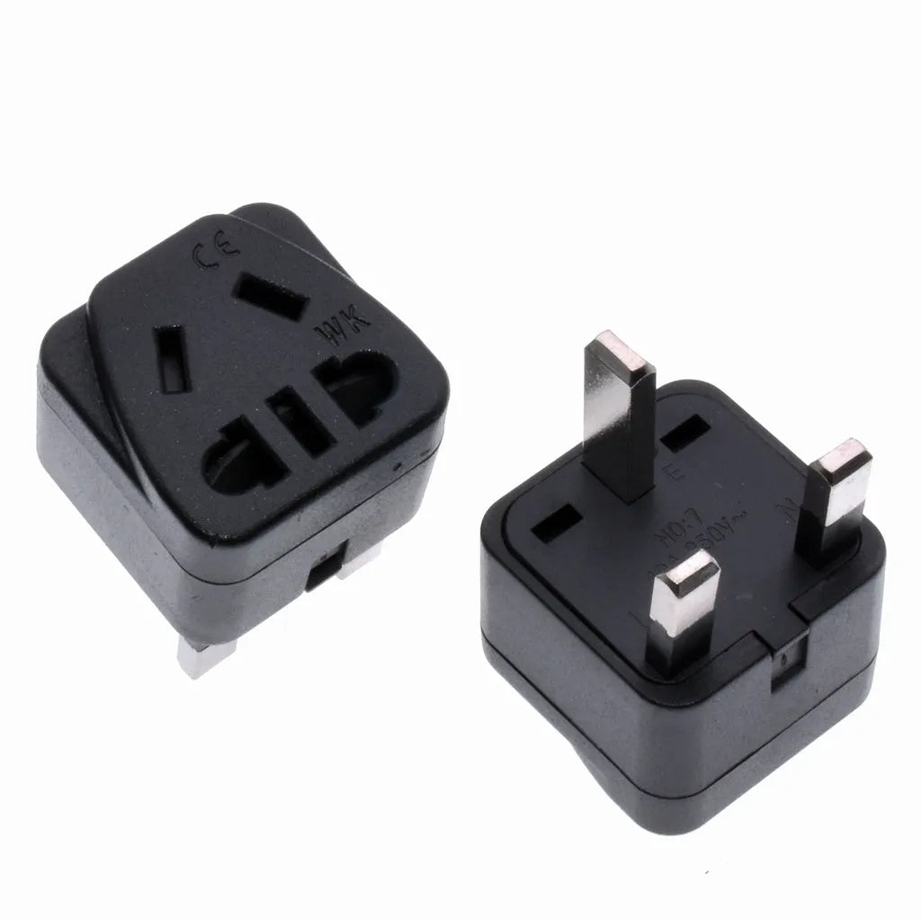 Square three plug power conversion adapter in black or white with five outputs and standard grounding