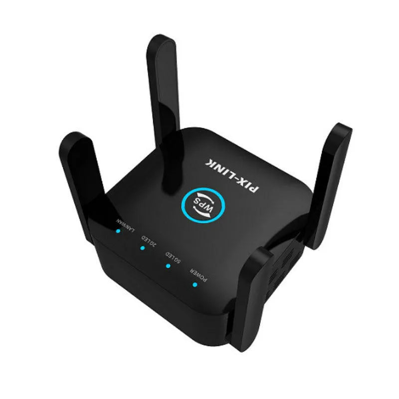 PIXLINK AC24 white and black dual-band wireless WiFi extender router with gigabit speed and lightning protection.