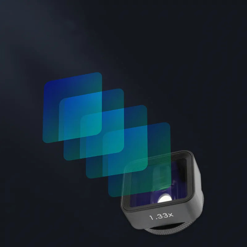 Black SANYK 1.33x anamorphic widescreen lens attached to smartphone for cinematic video recording