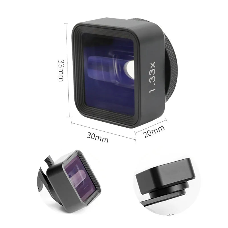 Black SANYK 1.33x anamorphic widescreen lens attached to smartphone for cinematic video recording
