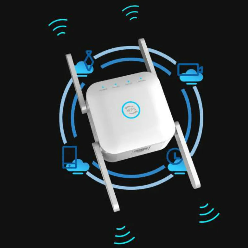 PIXLINK AC24 white and black dual-band wireless WiFi extender router with gigabit speed and lightning protection.