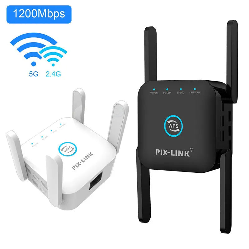 PIXLINK AC24 white and black dual-band wireless WiFi extender router with gigabit speed and lightning protection.