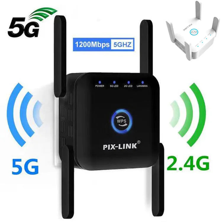 PIXLINK AC24 white and black dual-band wireless WiFi extender router with gigabit speed and lightning protection.
