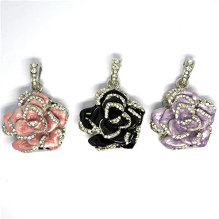Diamond-studded metal rose USB flash drive with rhododendron crystal design in blue, purple or red.