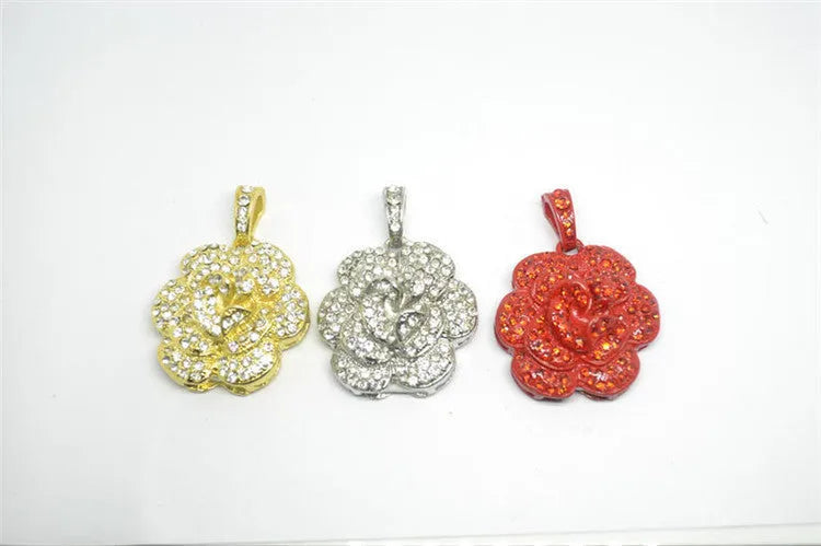 Diamond-studded metal rose USB flash drive with rhododendron crystal design in blue, purple or red.