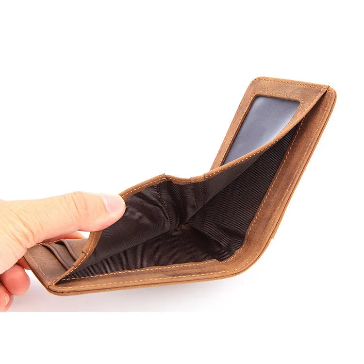 Men's brown RFID leather wallet showing card slots and compact 11cm dimensions