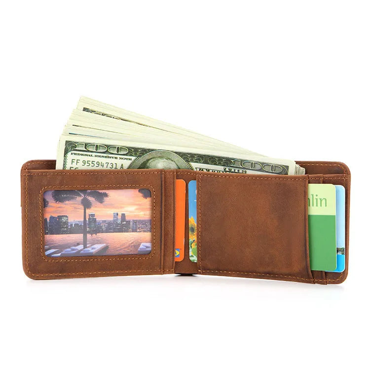 Men's brown RFID leather wallet showing card slots and compact 11cm dimensions