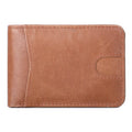 Men's brown RFID leather wallet showing card slots and compact 11cm dimensions