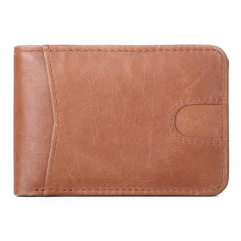 Men's brown RFID leather wallet showing card slots and compact 11cm dimensions