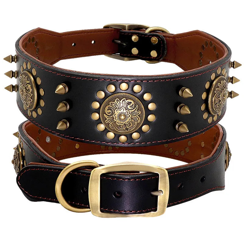 Leather stud dog collar for large dogs, adjustable, brown or black, sizes L and XL