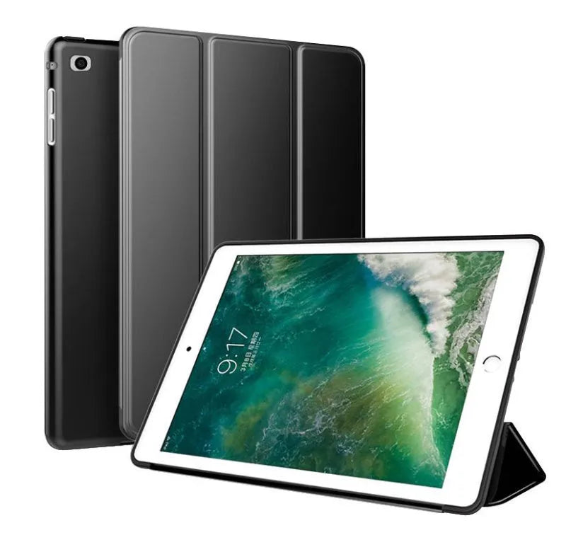 iPad protective sleeve with integrated silicone stand in clamshell design, compatible with 9.7-inch models