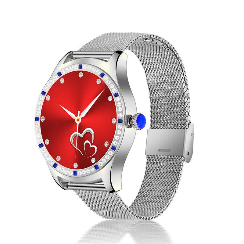 Gold or silver ladies smart watch with health monitoring and Bluetooth call functionality on wrist
