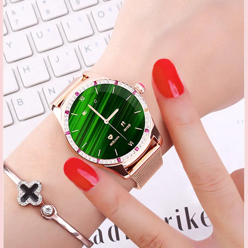 Gold or silver ladies smart watch with health monitoring and Bluetooth call functionality on wrist