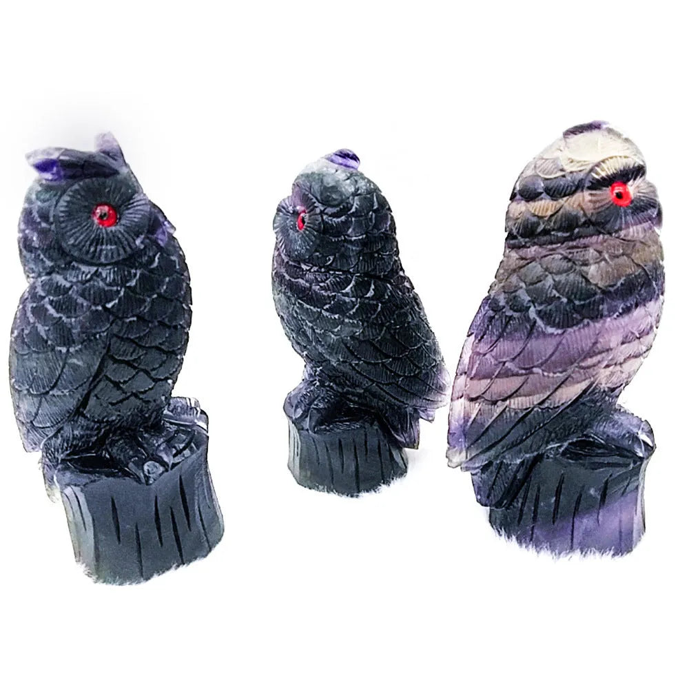 Purple fluorite hand-carved owl ornament measuring approximately 4 inches
