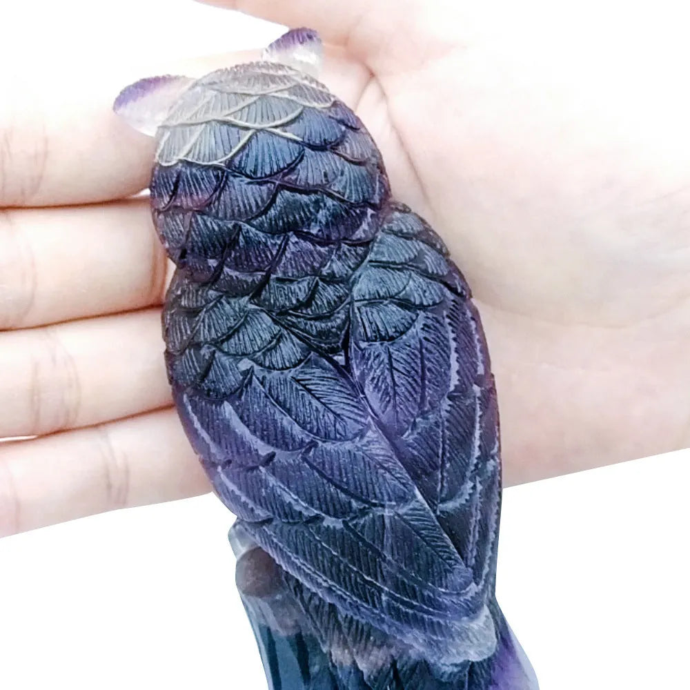 Purple fluorite hand-carved owl ornament measuring approximately 4 inches