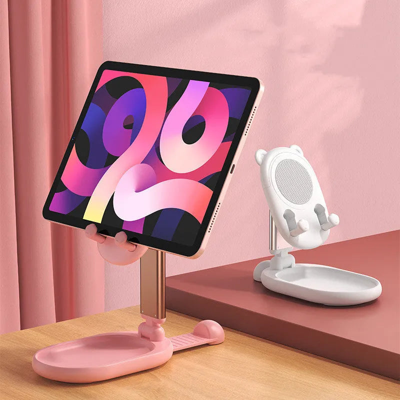Blue foldable phone holder with mirror for Apple iPhone and iPad on a desk