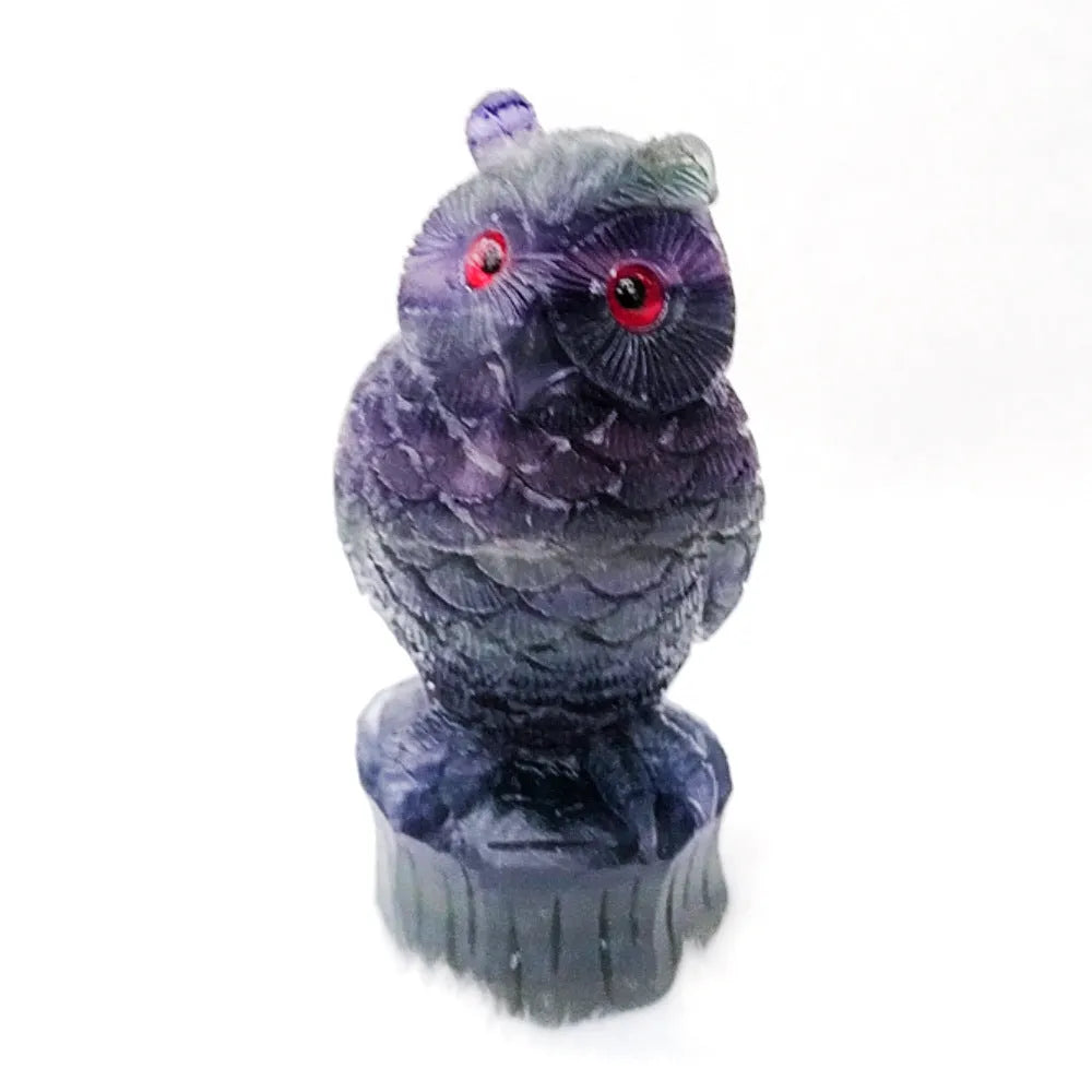 Purple fluorite hand-carved owl ornament measuring approximately 4 inches