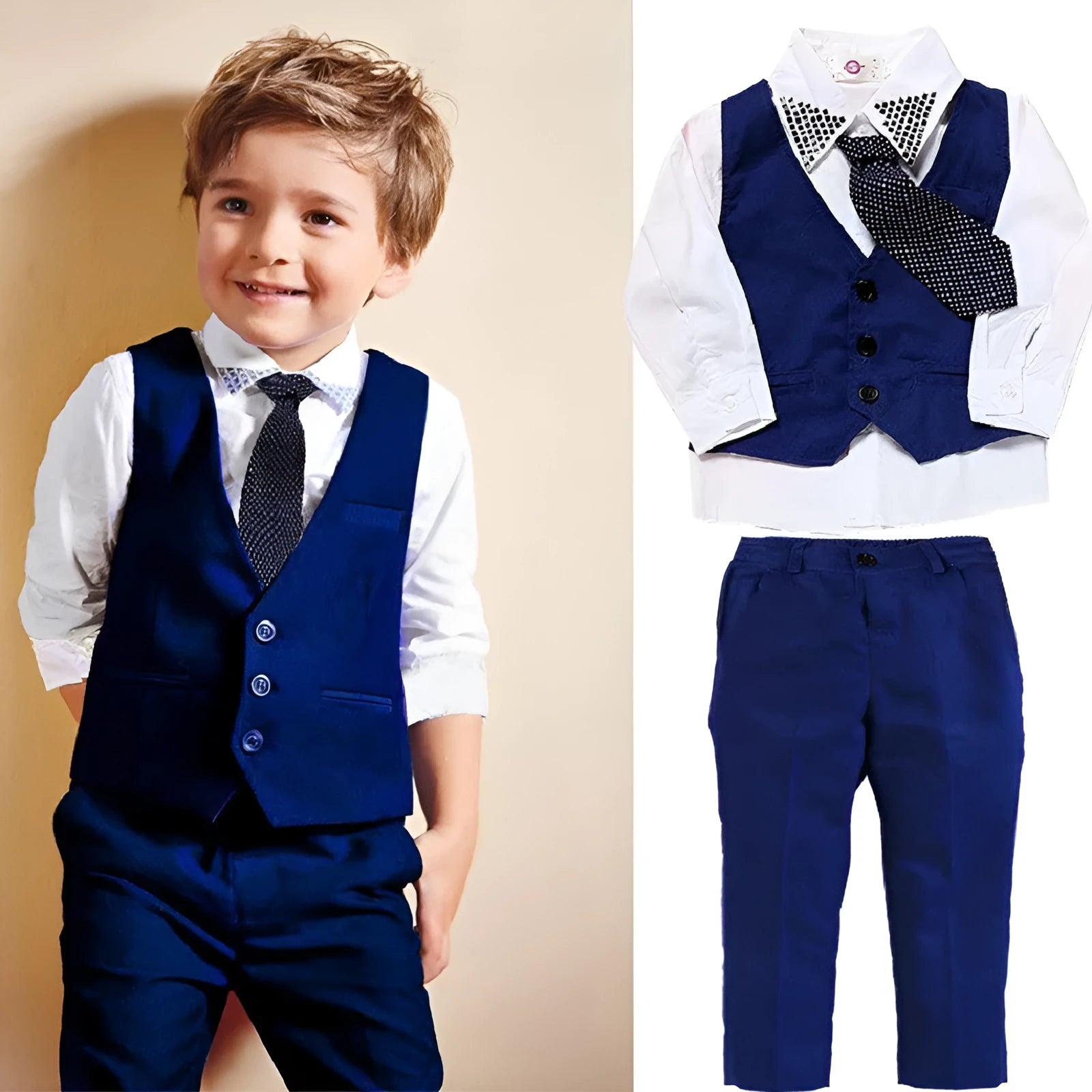 Blue boys' three-piece suit set with turtleneck, vest, trousers, and tie on a hanger.