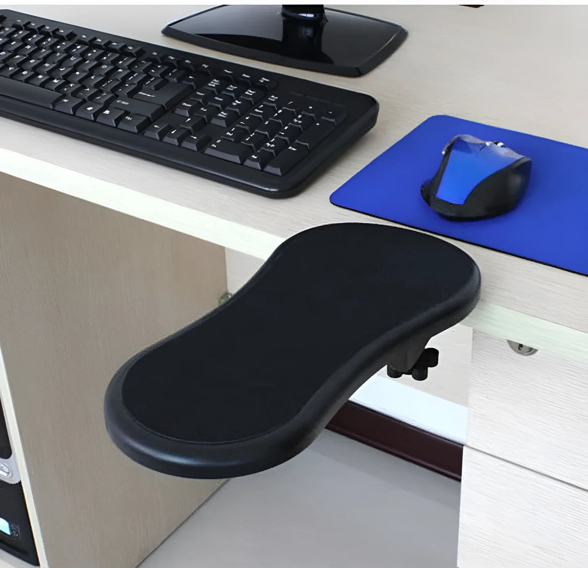 Black plastic computer wrist rest pad with rotatable 180-degree hand bracket for ergonomic support