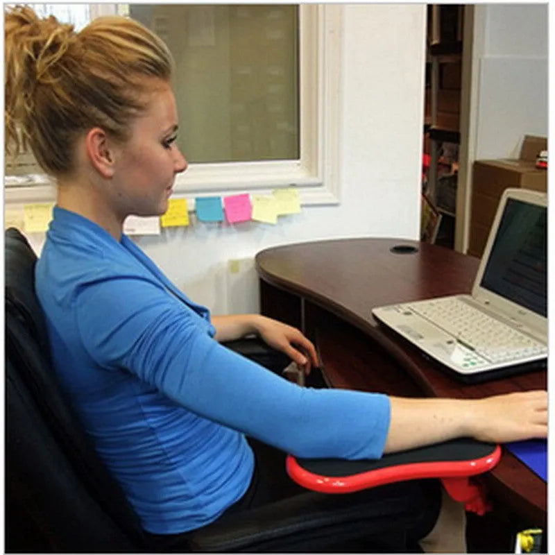 Black plastic computer wrist rest pad with rotatable 180-degree hand bracket for ergonomic support