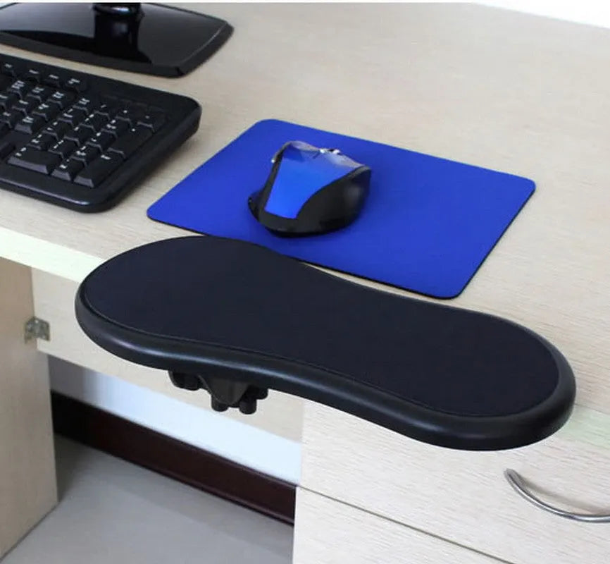 Black plastic computer wrist rest pad with rotatable 180-degree hand bracket for ergonomic support