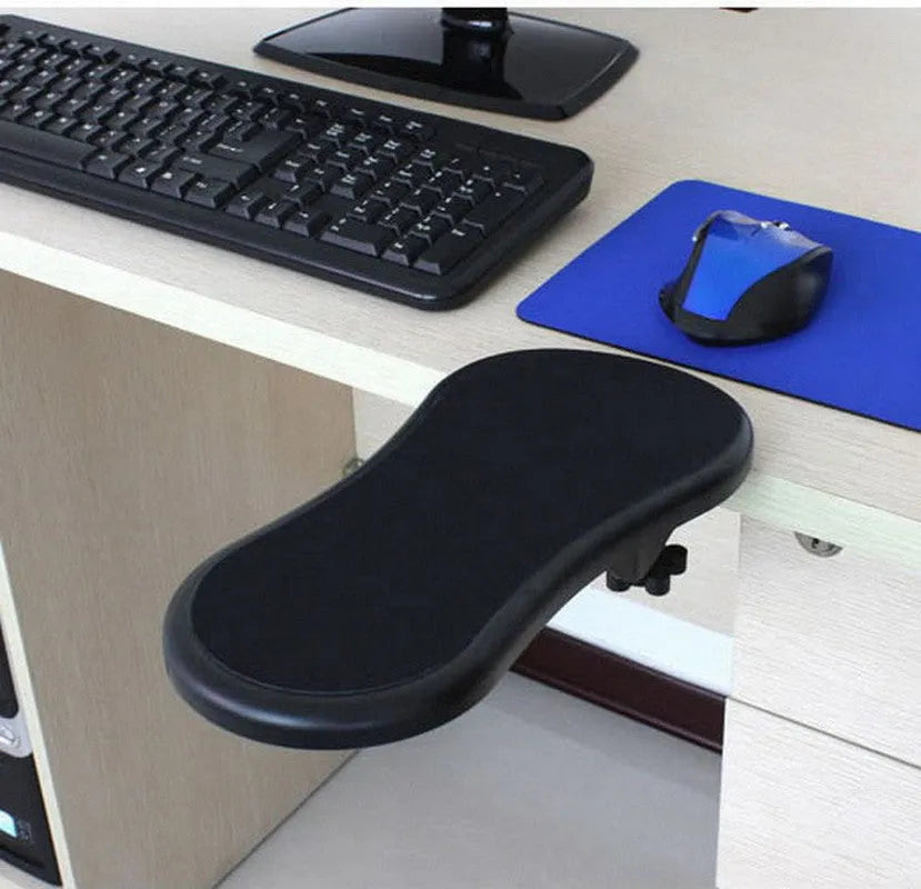 Black plastic computer wrist rest pad with rotatable 180-degree hand bracket for ergonomic support