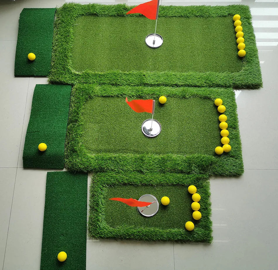 Green golf training mat with artificial grass surface and foam base, shown in various customisable sizes