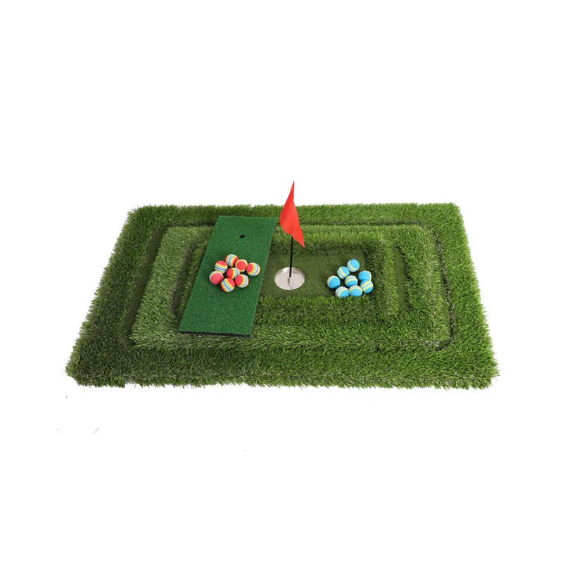 Green golf training mat with artificial grass surface and foam base, shown in various customisable sizes