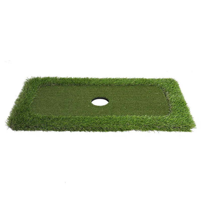 Green golf training mat with artificial grass surface and foam base, shown in various customisable sizes