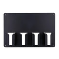 Black plastic wall-mounted hairdressing clipper display box holding four electric clippers