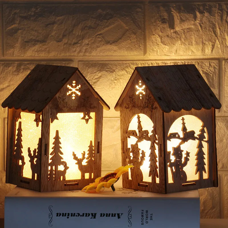 Three wooden Christmas house decorations showing log bell, old man house, and snowman house styles in natural wood colour